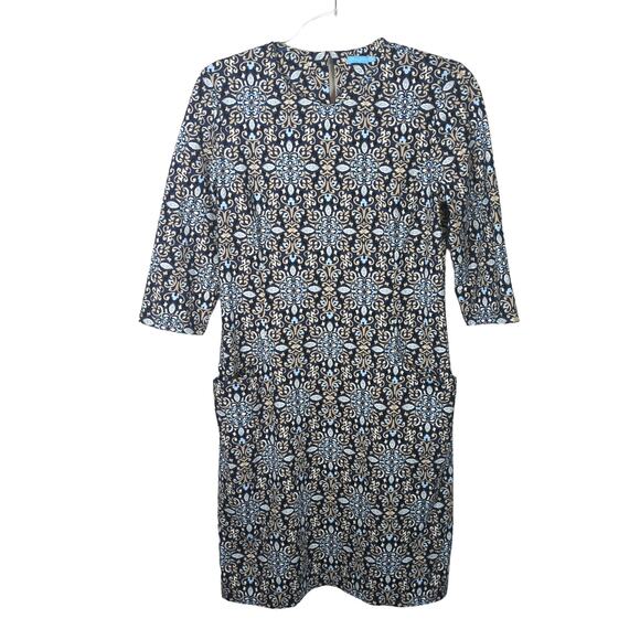 J McLaughlin Catalina Cloth Dress Medallion Navy Pockets Medium 3/4 Sleeve NWOT - Picture 1 of 8